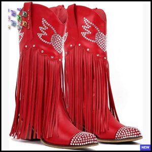 Western Cowgirl Boots with Fringe Rhinestone Hearts Mid Calf Pointed Toe